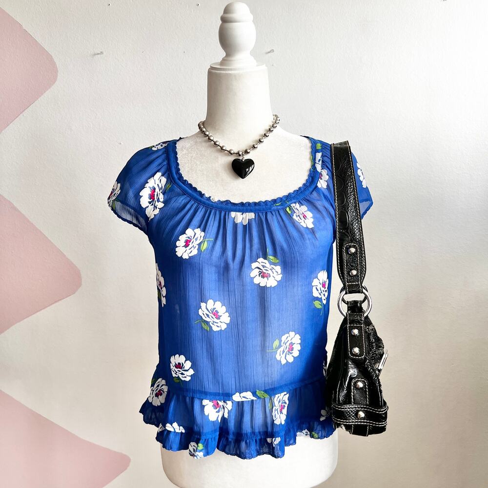 Abercrombie & Fitch Blue‎ Floral Sheer Top Y2K Vintage 2000s XS